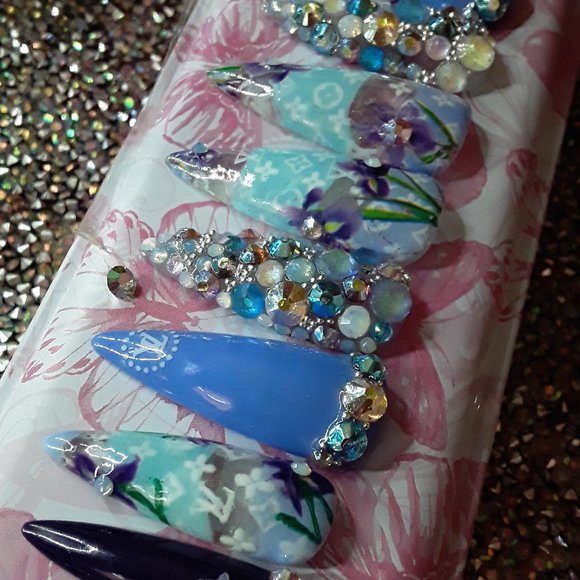 Handmade Hard Gel XL Stiletto "Louie Vuitton" Theme Luxury & Floral Style Press - Picture 7 of 10